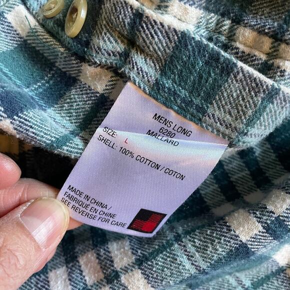 Woolrich Plaid Flannel Button Up Shirt Mens Large Long 6280 Blue Green Mallard - Picture 7 of 11